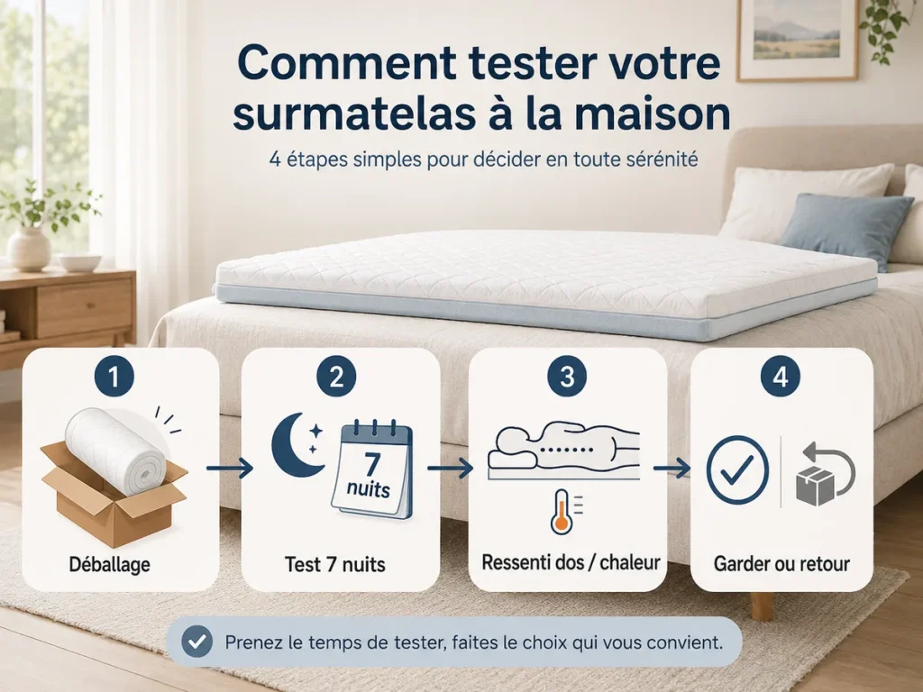 Schéma en quatre étapes pour vérifier son couchage avant d’acheter un surmatelas