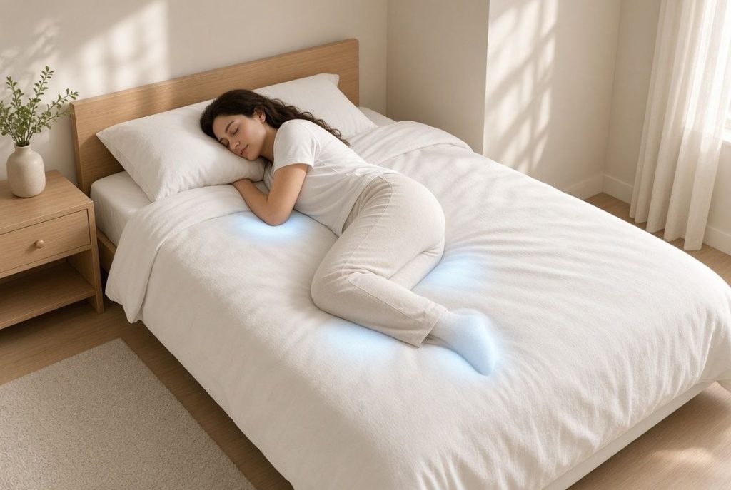 Personne dormant en position fœtale avec un surmatelas à l’accueil progressif