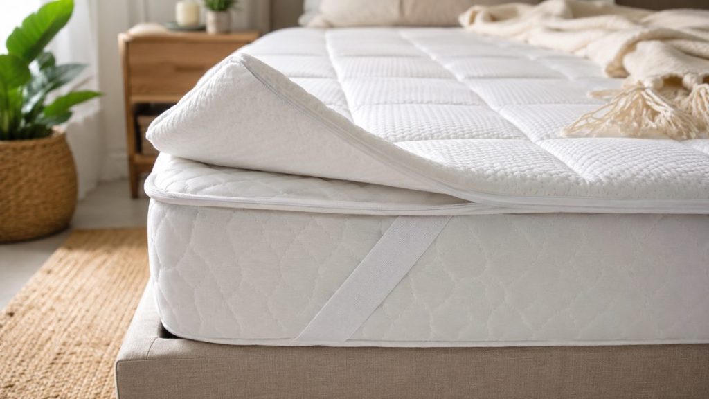 Surmatelas avec sangle élastique et épaisseur visible sur un matelas