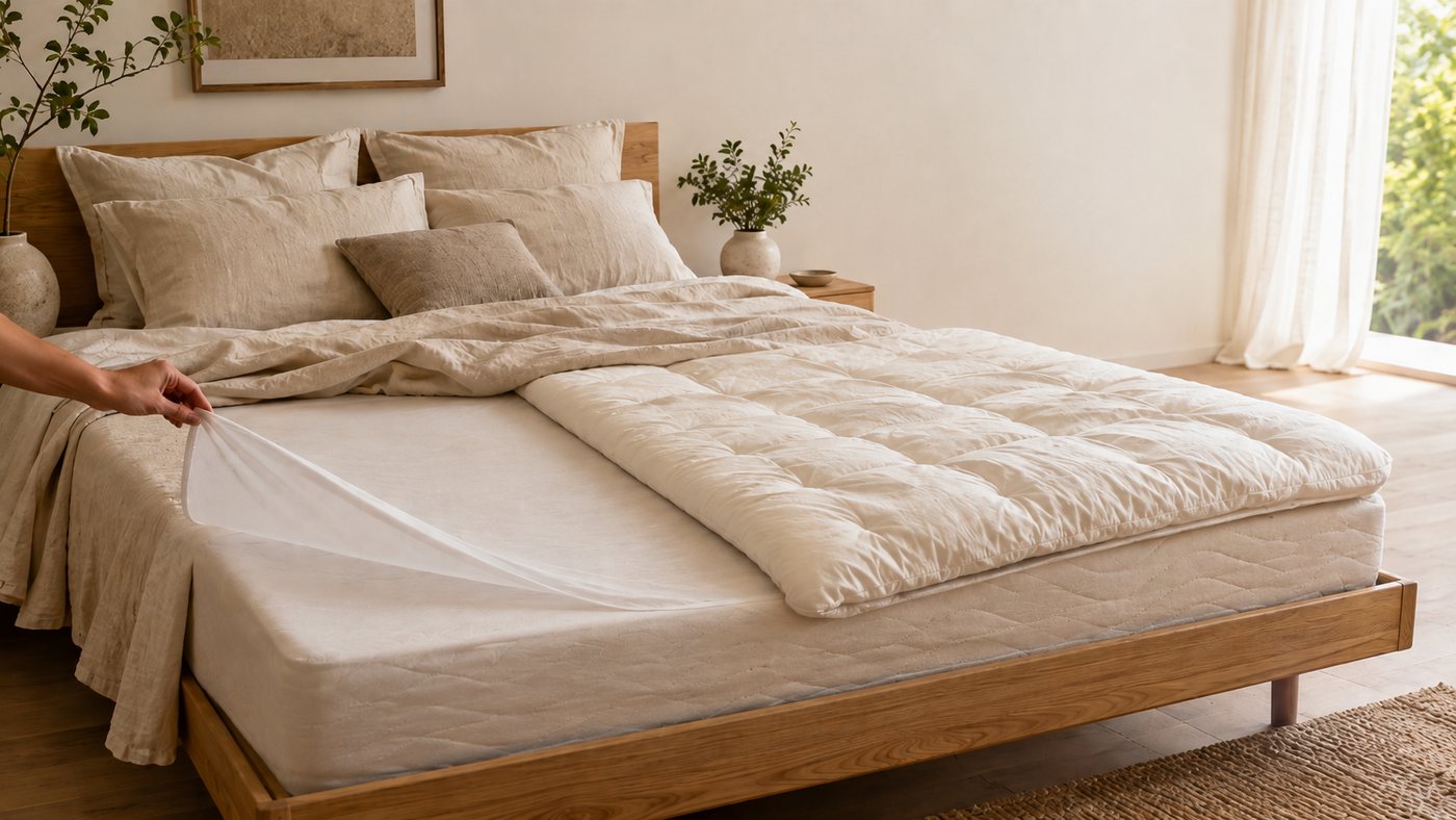 Protège-matelas fin et surmatelas épais installés sur un lit